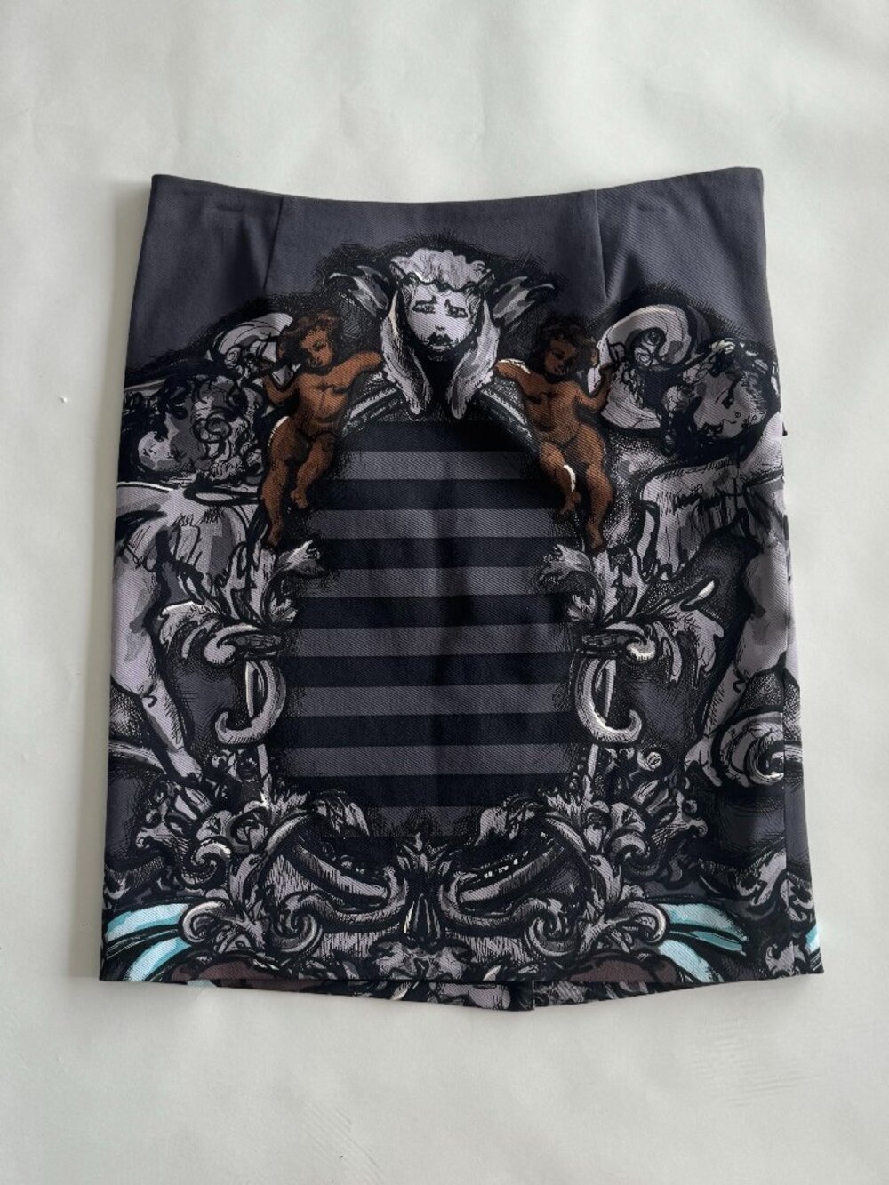 Baroque Cherub Print Mini Skirt | Black & Grey